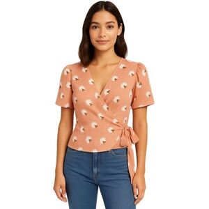 LUSH Peach Wrap Short‎ Sleeve Double Lined Floral Blouse Womens Large